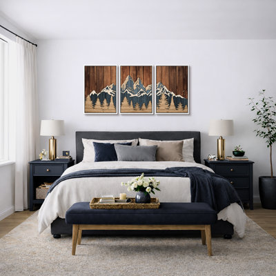 Western Wood Effect Landscape "Brown Abstract Mountain Forest Artwork, Rustic Farmhouse Cabin Wall Pictures, Large Framed Canvas Giclee Print 3 Pieces Wall Art Set"