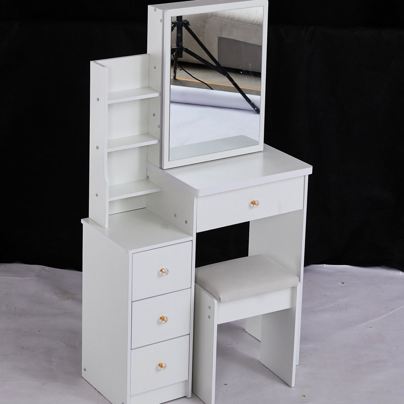 Table de coiffeuse de gauche pour petits espaces, avec tabouret rembourré et très grand miroir coulissant, rangement multi-couches, tabouret à la mode blanc de la taille d'une commode, petits espaces de grande capacité,