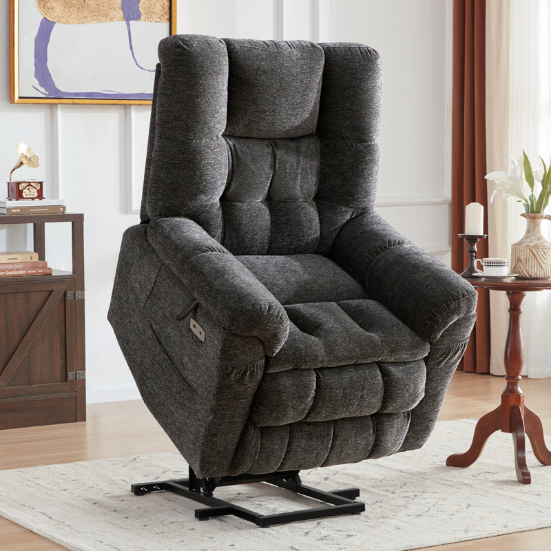 Wajeeh Upholstered Lift Assist Triple Motor Recliner with Massage Heat and Adjustable Headrest, Dark Gray
