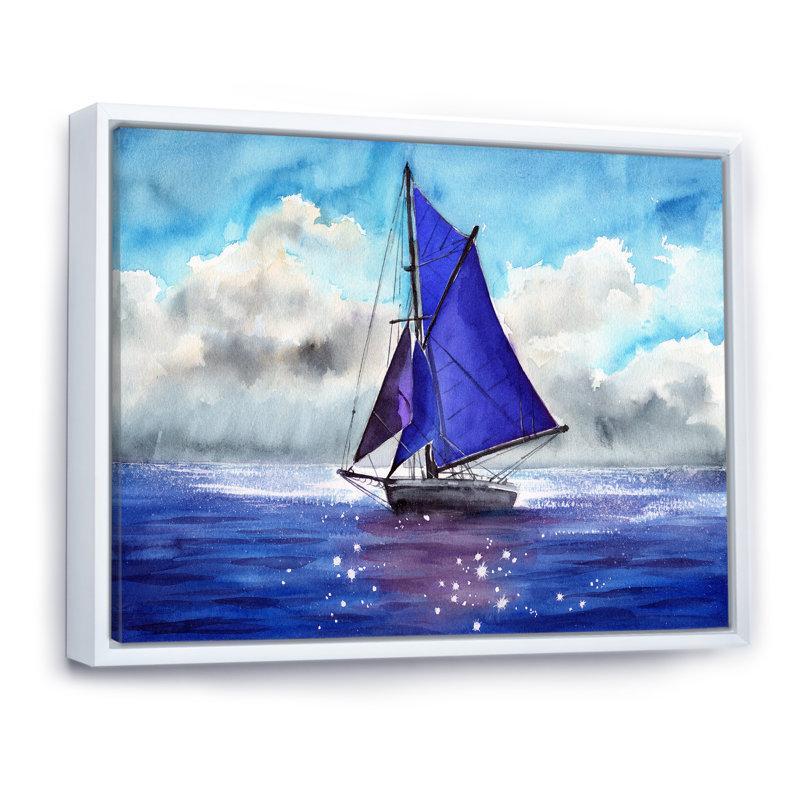 Voilier avec voiles bleues - peinture sur toile, Cadre flottant blanc, H 24 po x l 32 po