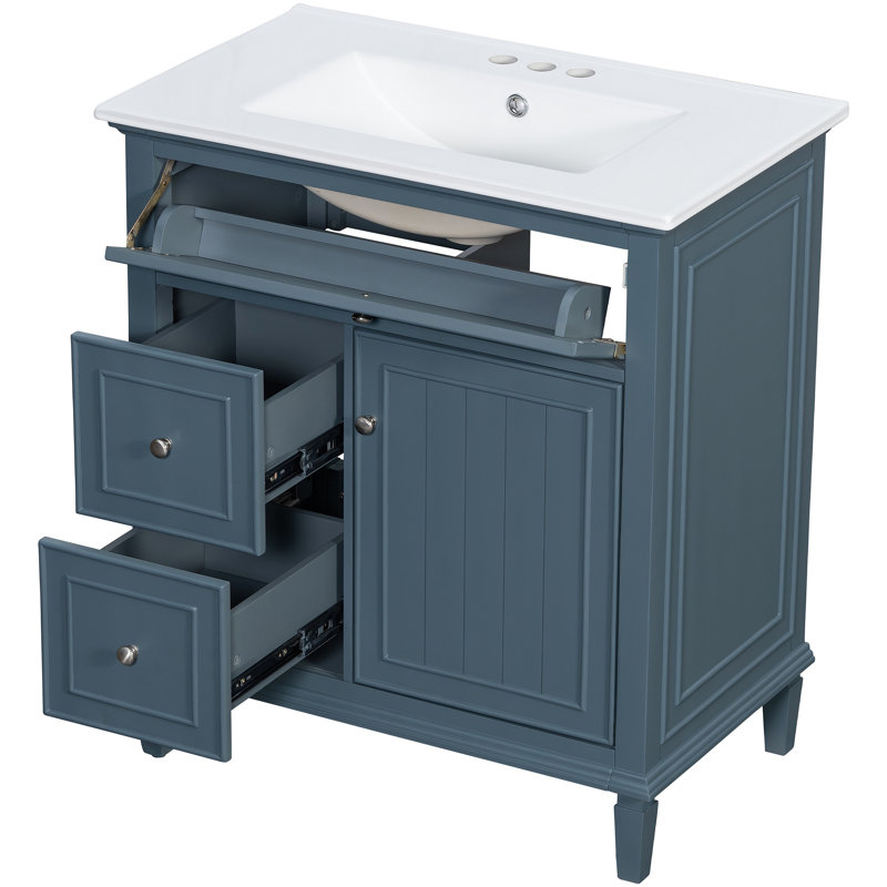 Meuble-lavabo 30 po avec lavabo, meuble-lavabo avec un tiroir rabattable et deux tiroirs, tablette réglable, bois massif et panneau de fibres à densité moyenne