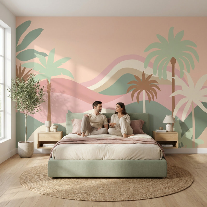 Papier peint pastel tropical avec palmiers superposés, Texturé non collé, 120 po x 96 po