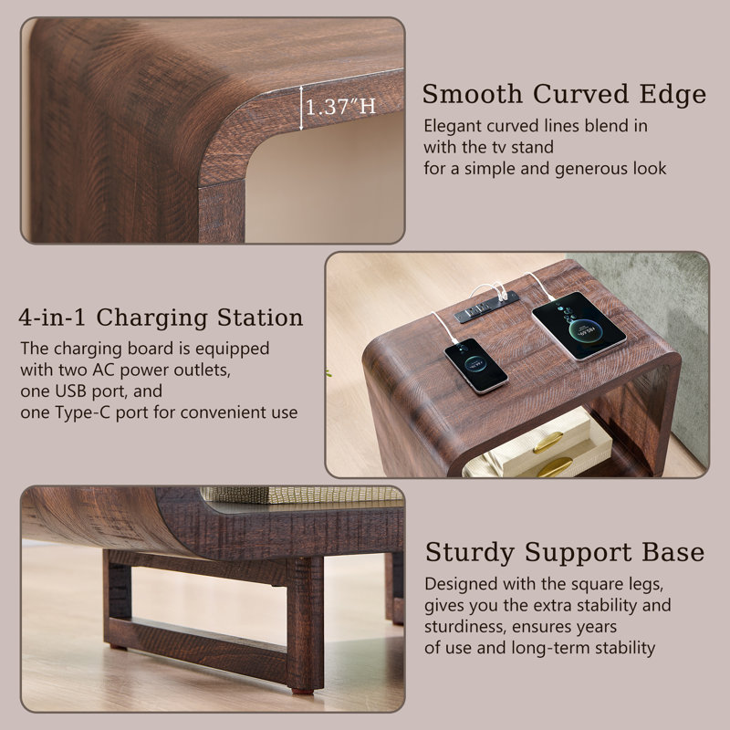 Table de bout moderne Abrianna de 23,6 po, table d'appoint à 2 niveaux avec station de charge et tablette de rangement ouverte, conception à profil courbé