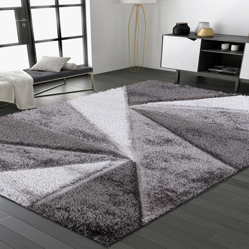 Shaggy Geometric Rug – 100% Polyester Soft Pile Carpet, Colourfast, Water & Soil Repellent, Anti-Static Modern Living Room Rug
