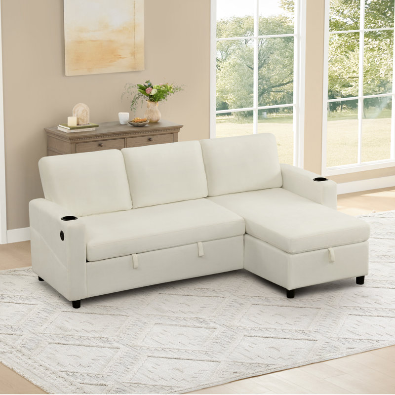 84" Modern 3-Seater Pull Out Sofa Bed L-Shaped Sofa Couch with Storage Chaise, Beige 