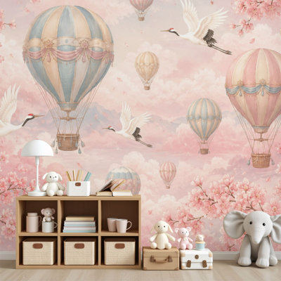Peel and Stick Wallpaper Hot Air Balloons Pastel Shades Birds Cherry Blossom Wall Murals 69"H x 96"W Removable PVC Wall Paper Self-Adhesive Wall Decor for Bedroom Living Room Home Office