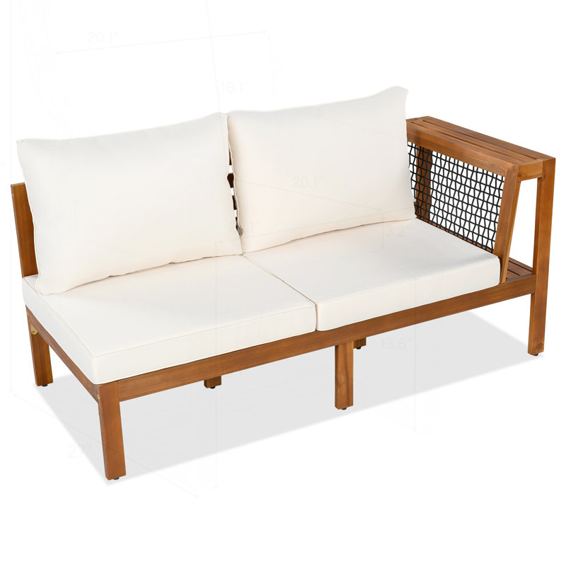 Ensemble de patio 4 pièces en bois d'acacia avec accoudoirs tissés, canapé en L, table basse et coussins pour la détente en plein air