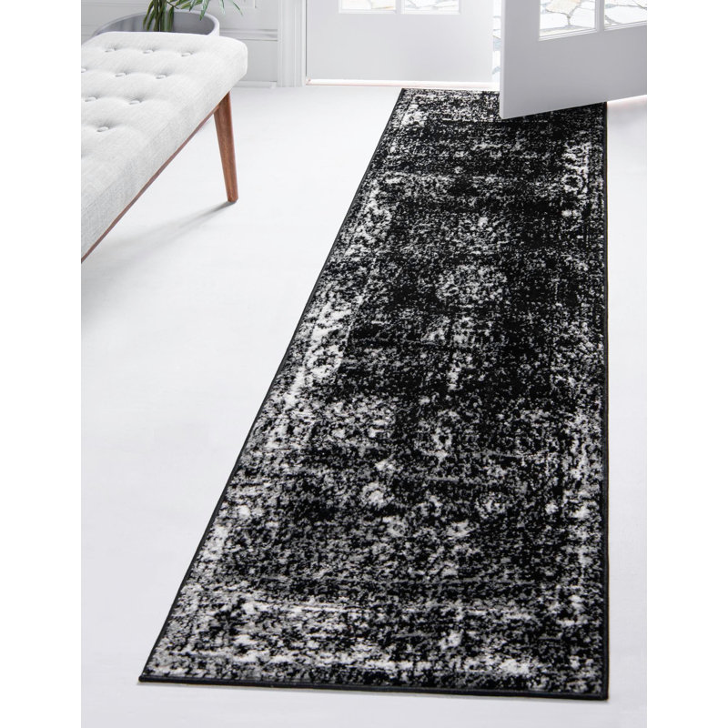 Tapis à motifs floraux Brandt, Tapis de couloir 2 pi x 9 pi 10 po, Non, Noir