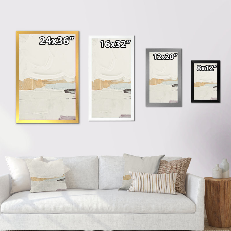 Coups de pinceau blancs avec une touche de beige - œuvre d'art moderne et contemporaine sur toile, Cadre photo noir