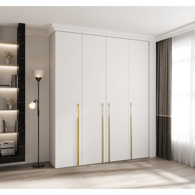 4 Door Manufactured Wood Wardrobe, white matt + handles: gold, 245,5 H x 200 W x 40 D