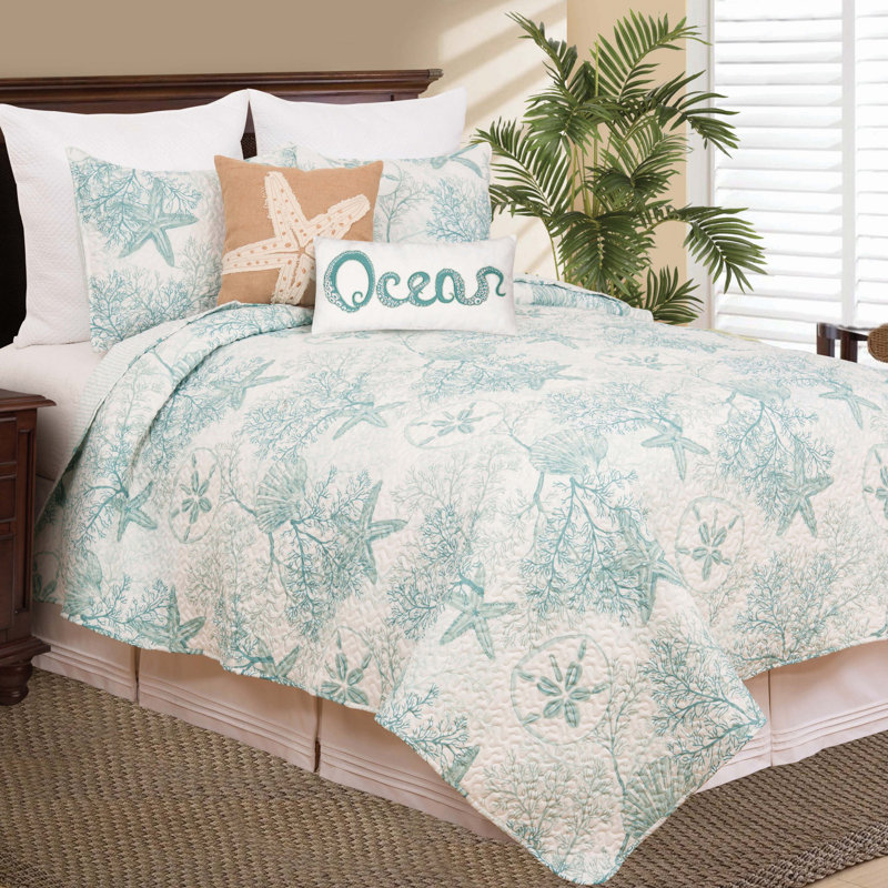 Ocean Treasures Aqua Blue/White Microfiber Reversible Quilt Set, Full/Queen Quilt + 2 Shams