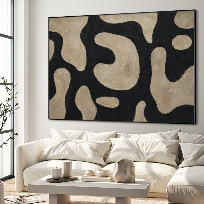 Très grand art mural imprimé sur tissu - Motif géométrique organique noir, décoration de salon moderne - «Assemblage requis du cadre (cadre non fini)»