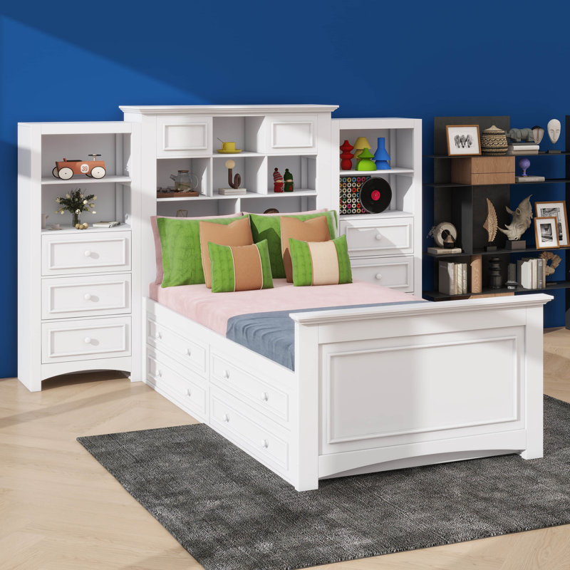 Lit plateforme simple en bois avec armoire intégrée verticale et ensembles de tiroirs doubles de chaque côté, Blanc