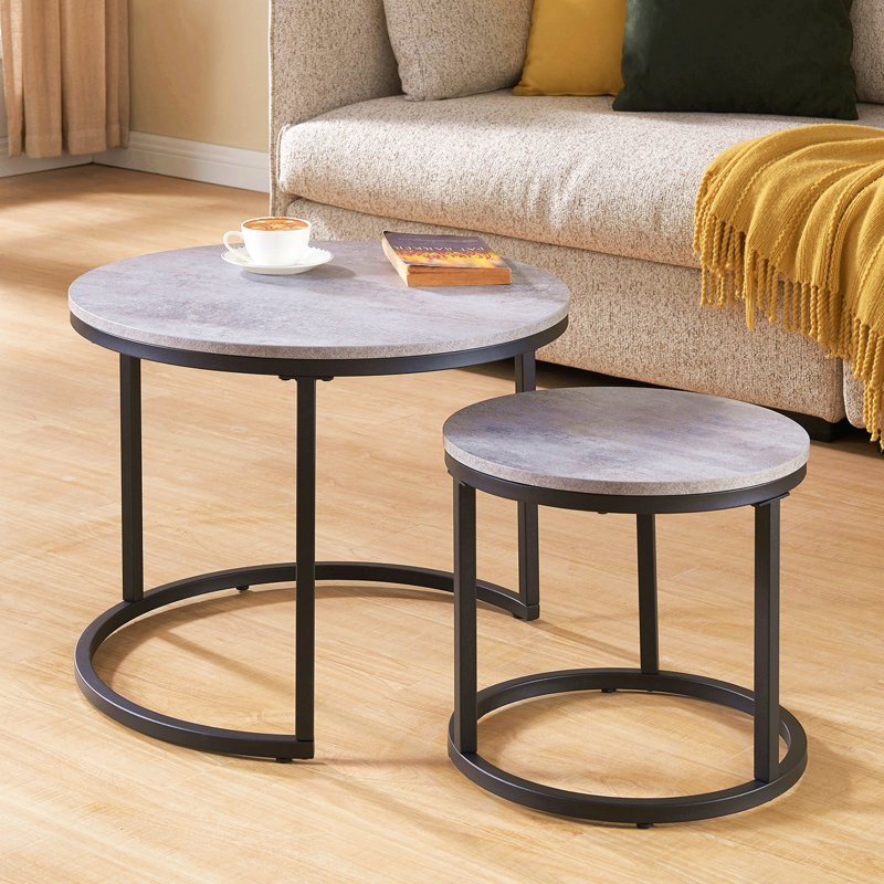 Table gigogne ronde de 24 po, table basse d'appoint, finition en bois de faux béton gris, peu encombrante, style industriel moderne