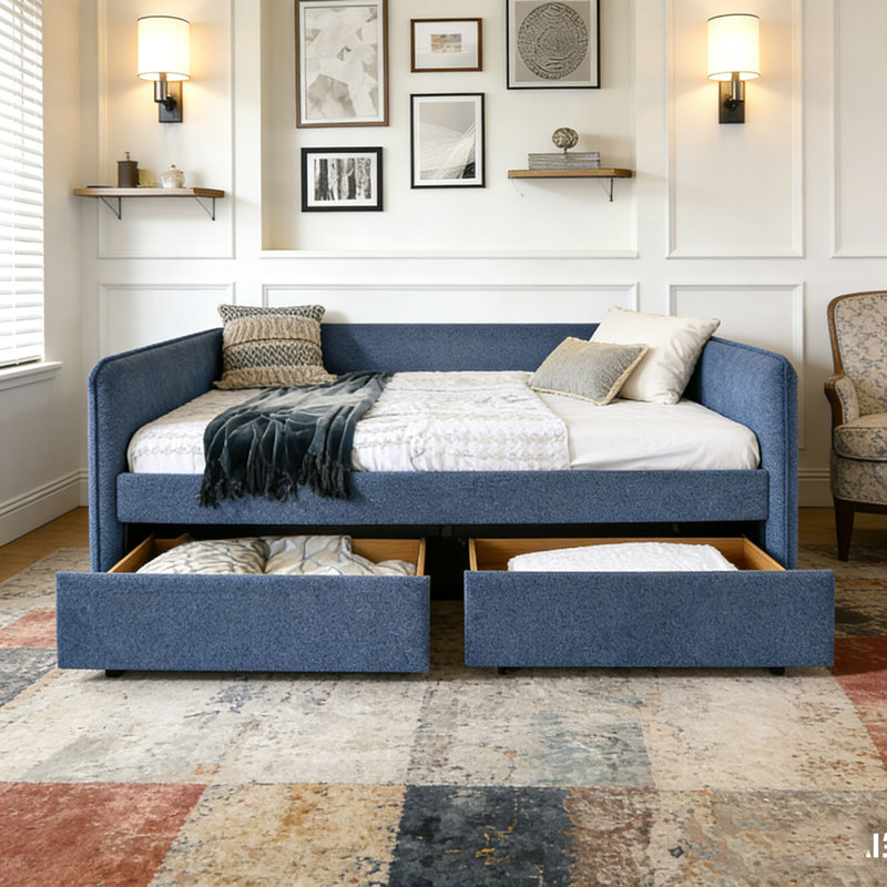 Boucle Fabric Daybed, Queen, Blue-2 Drawers
