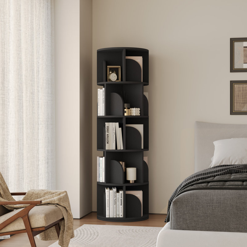 Rotating Bookshelf, 5 Tier Small Bookcase Corner Display Shelf For Small Space Wood Narrow Book Shelf Organizer For Living Room, Black