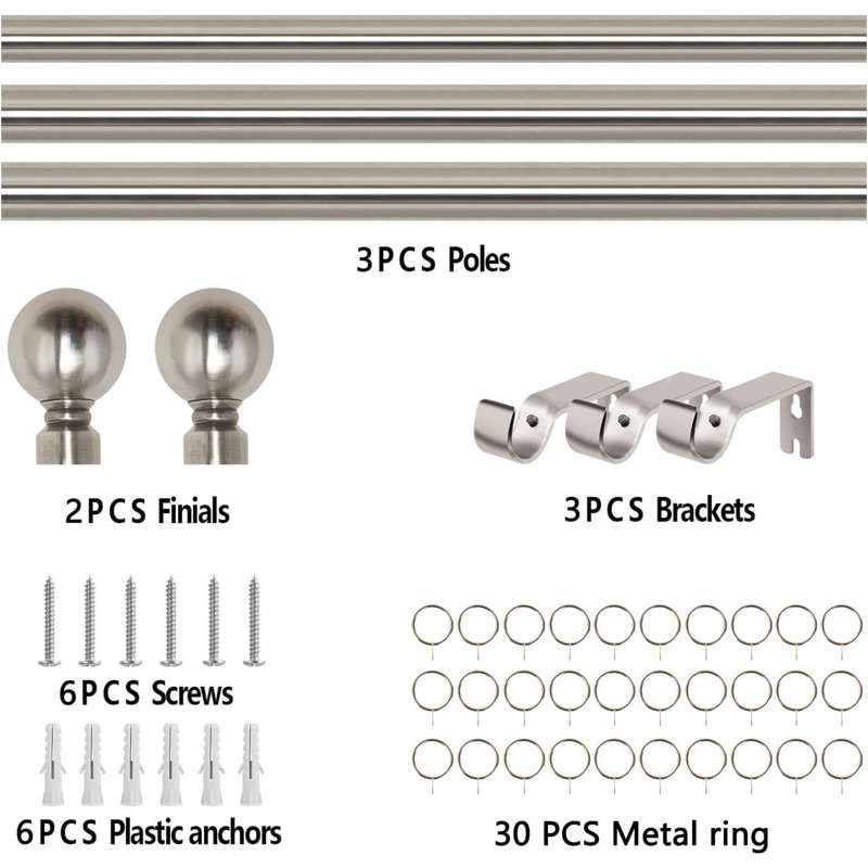 Adjustable 70cm to 300cm 2.8cm Single Curtain Pole, Brushed Silver