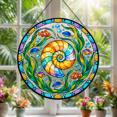 Rainbow Spiral Shell With Tropical Fish Stained Glass Canvas Wall Art