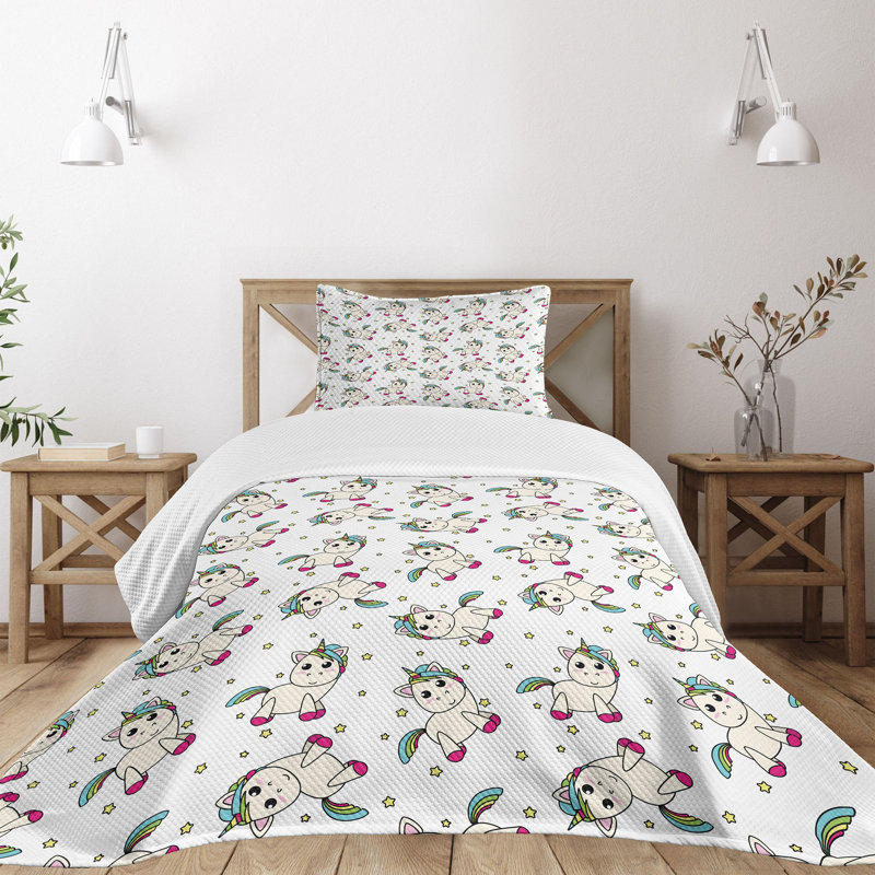 White Quilted Unicorn Twin Bedspread Set with Pillow Sham