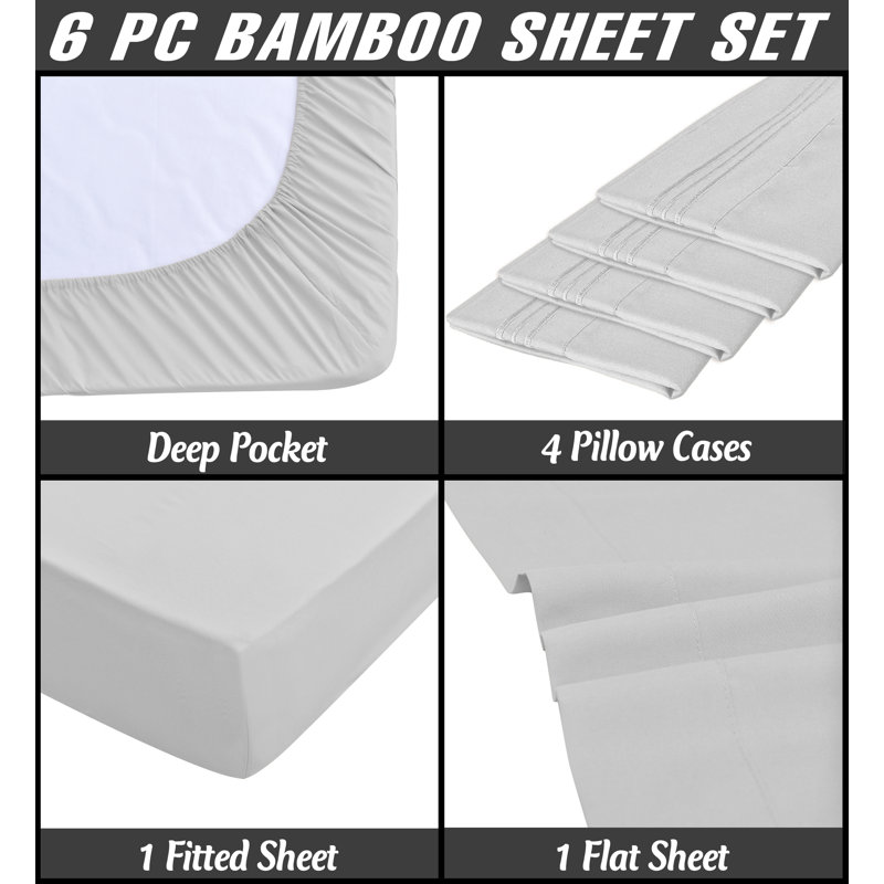 Premium Rayon From Bamboo 6 Pc Sheet Set With Deep Pockets, Cooling, Silver, Split King Sheet Set with 4 Pillowcases