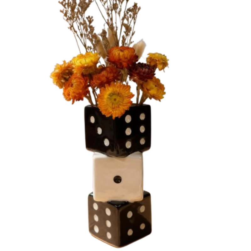 Triple Dice Ceramic Vase – Modern Black & White Decorative Centerpiece