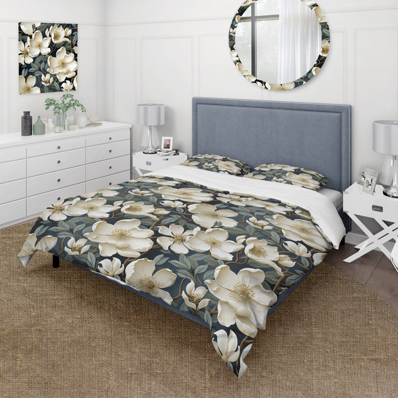 Literie fleurs blanches et vertes roses II, Housse de couette simple + 1 taie décorative stan