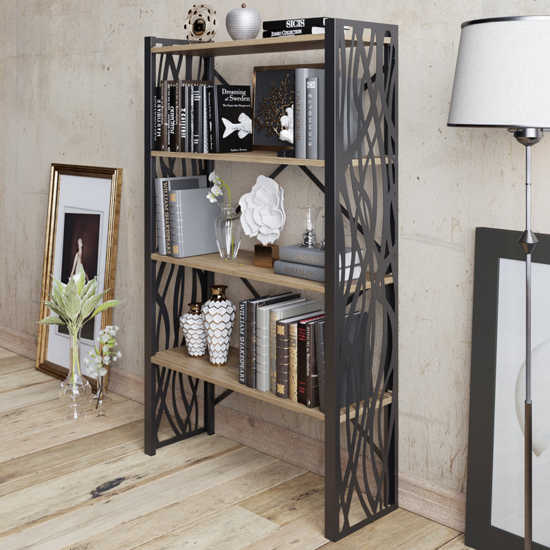 147.32cm H x 88.9cm W Metal Etagere Bookcase, Black/Oak
