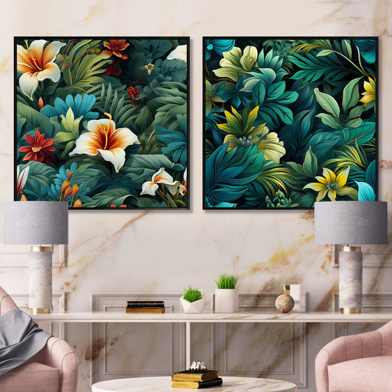 Rainforest Radiance - motif tropical - ensemble de 2 collages carrés tropicaux, Cadre flottant noir, H 16 po x l 33 po