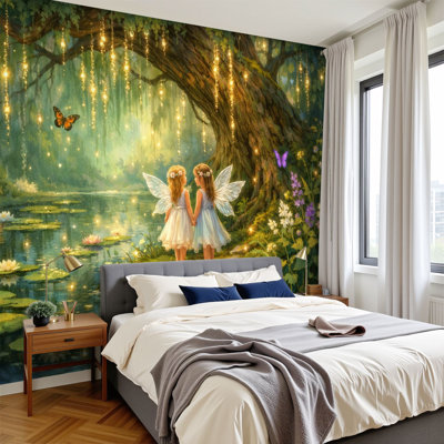 Peel and Stick Wallpaper Magical Fairy Forest Two Winged Girls Pond Glowing Lights Butterflies Wall Murals 100"H x 144"W Removable PVC Wall Paper Self-Adhesive Wall Decor for Bedroom Living Room Home Office