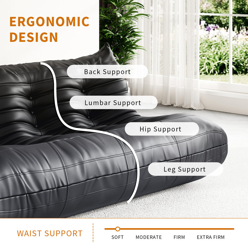 Boneless Armless Lazy Sofa Bean Bag Sofa Floor Chair For Living Room Bedroom, Faux Leather, Black, Black