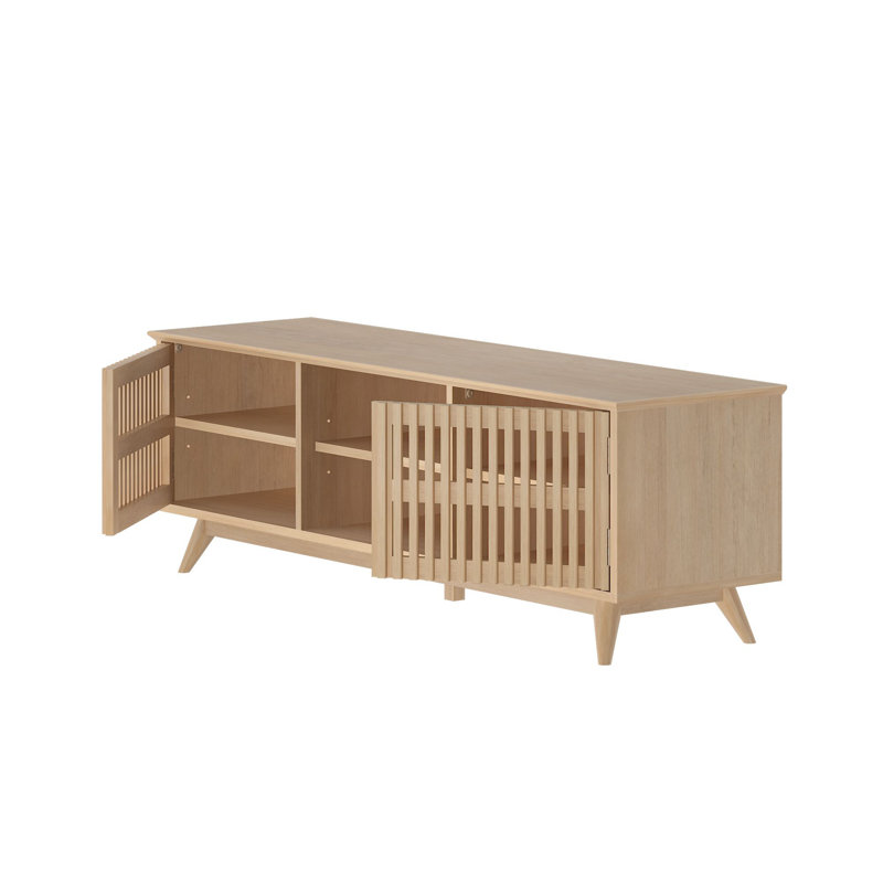 Solid wood Mid Century Modern TV Stand, 2 Door w/ Middle Shelf  (1495 x 406 x 482mm / 59 x 16 x 19in), Blonde