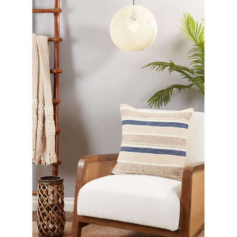 Beige and Navy Striped Cotton Throw Pillow