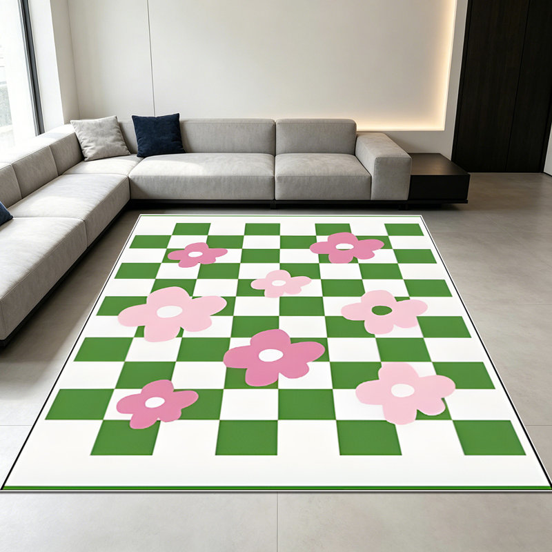 1PC green and white checkerboard pink floral area rugs for Living Room, Soft, All seasons, Easy-maintain, Washable Indoor mat, Farmhouse suitable for kitchen, dining room, bedroom, entryway, backyard, home office, Home Decor, Outdoor Decor.