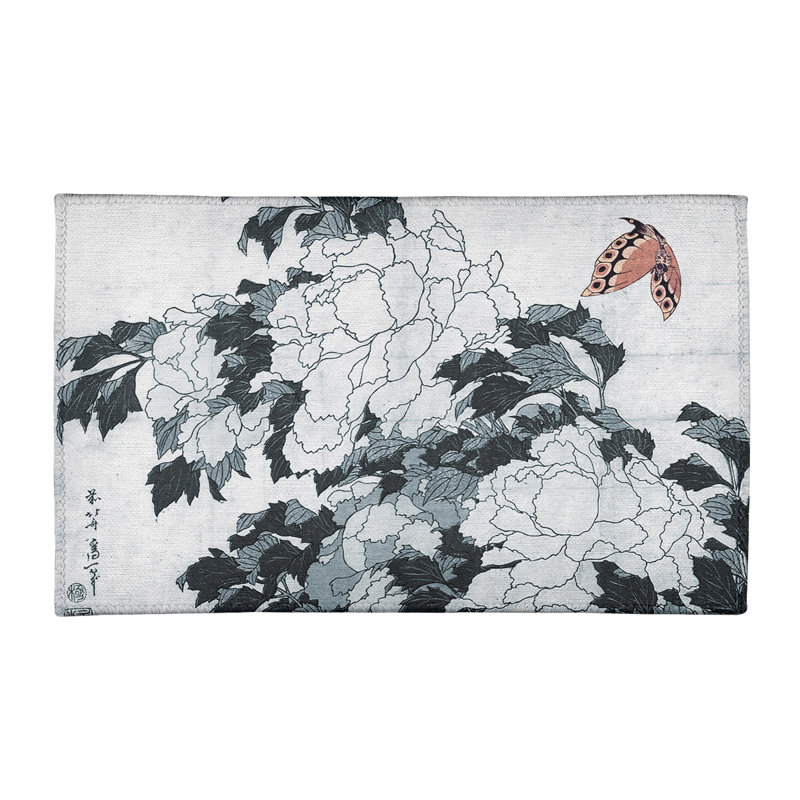 Tapis blanc cassé/noir à pivoines et papillon, Rectangle 3 pi x 5 pi