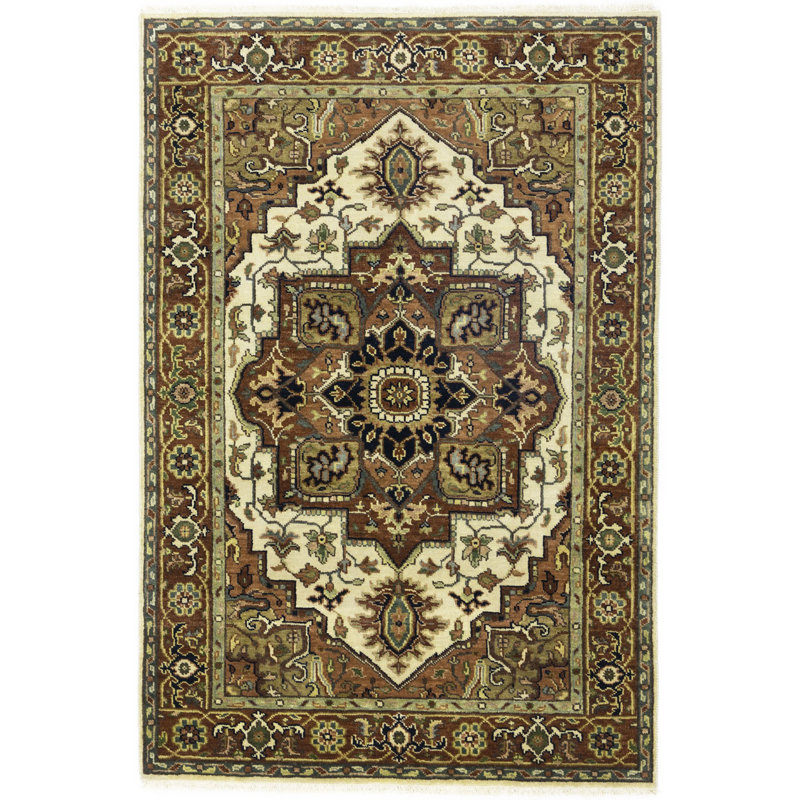 Tapis oriental bleu / rouge / vert en laine noué à la main 4 pi x 5 pi 11 po