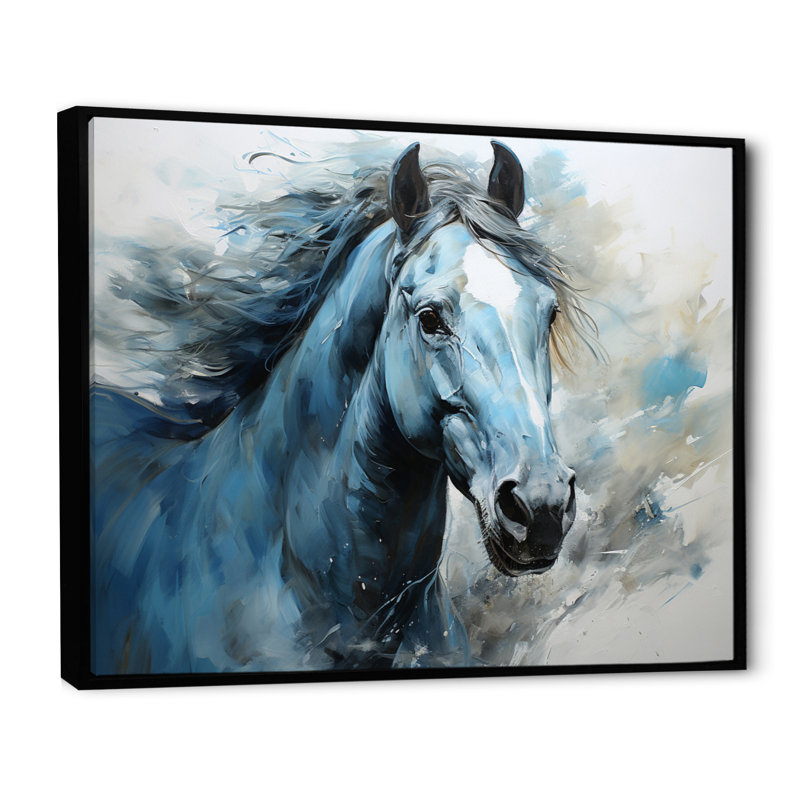 «Blue Horse Vibrant Blue Equine I», art mural grand cheval, Cadre flottant noir, H 30 po x l 40 po x P 1,5 po