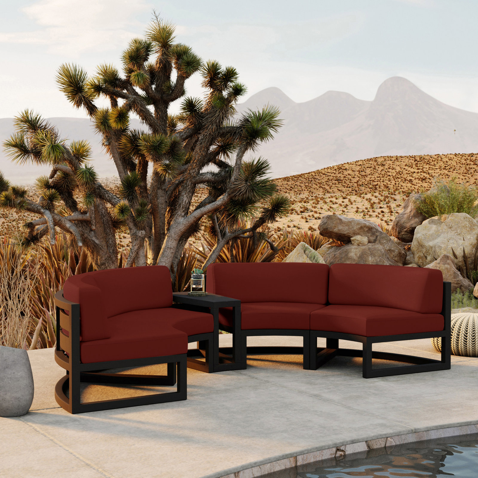 Bergeron Outdoor Curved Patio Sectional with Sunbrella Cushions, Canvas Henna Sunbrella® Canvas, Black