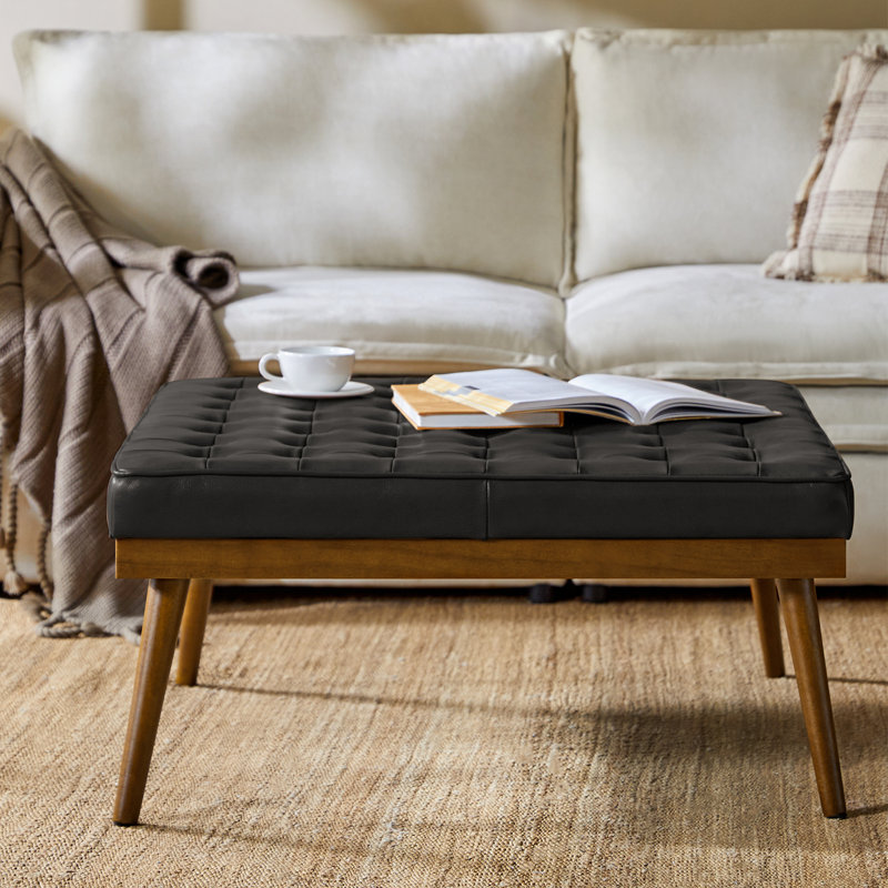 Repose-pieds Anahli Modern en cuir véritable l 36,25 po avec pieds en bois massif, Noir
