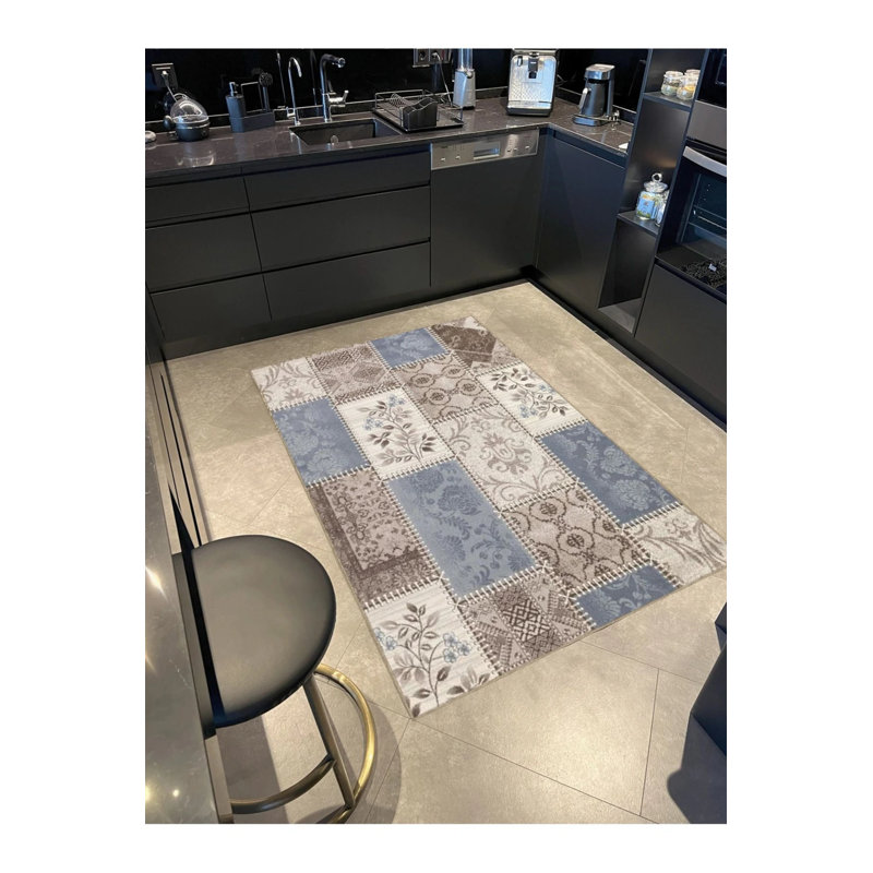 Floral Themed Blue Beige Tone Motif Floral Patterned Vintage Decorative Carpet, Rectangle 4'8" x 6'7"