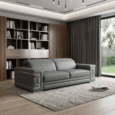  89" Gray Leather Sofa With Silver Legs