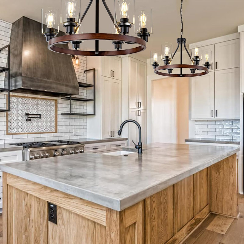 Lustre de style maison de campagne avec hauteur réglable, plafonnier rond à 6 lumières, finition bronze huilé, globes en verre, base E26, convient à la salle à manger, à la cuisine et plus encore