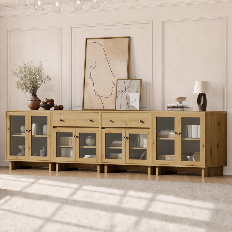Ensemble de rangement modulaire Almaguer 4 pièces avec 2 tiroirs, 8 portes vitrées, étagères réglables et fini chêne naturel.
