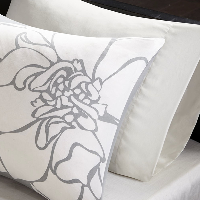 Édredon très grand en coton gris / mauve taupe, avec jupe de lit et 3 coussins décoratifs, taies décoratives imprimées