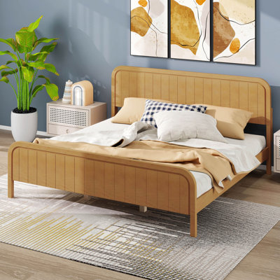 Base de lit en bois, lit plateforme avec tête et pied de lit, support en lattes de bois