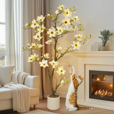 Arbre de magnolia artificiel 4 pi / 5 pi / 6 pi avec fleurs blanches réalistes et feuilles vertes luxuriantes pour la décoration intérieure et extérieure de bureau à domicile