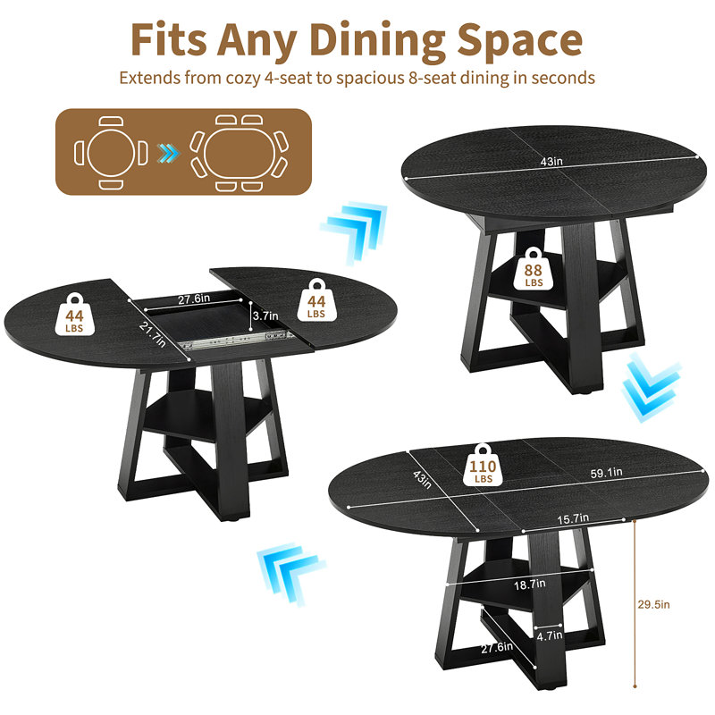 Extendable Dining Table & Chairs Set, Modern Kitchen Table With Seating, Beige, 5 Pieces: Table, 4 Chairs, Black