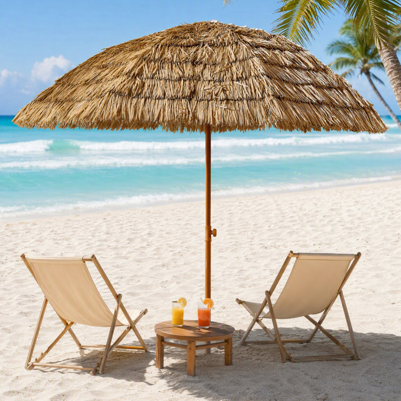 Parasol de patio en chaume de 8 pi Tiki, parasol de paille de style hawaïen tropical avec inclinaison et bouton-poussoir, cadre en acier inoxydable, abat-jour extérieur portable pour la cour, la piscine, la plage et le jardin