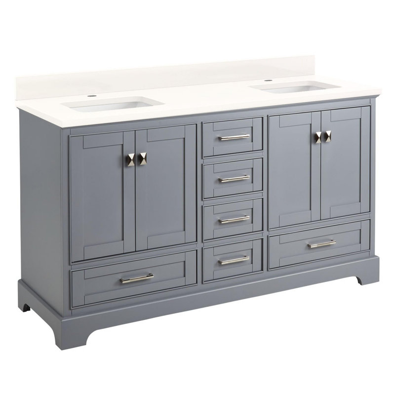 Quen 60" Freestanding Double Basin Vanity Set with Cabinet, Vanity Topss, Gray, Single Hole, Arctic White Quartz