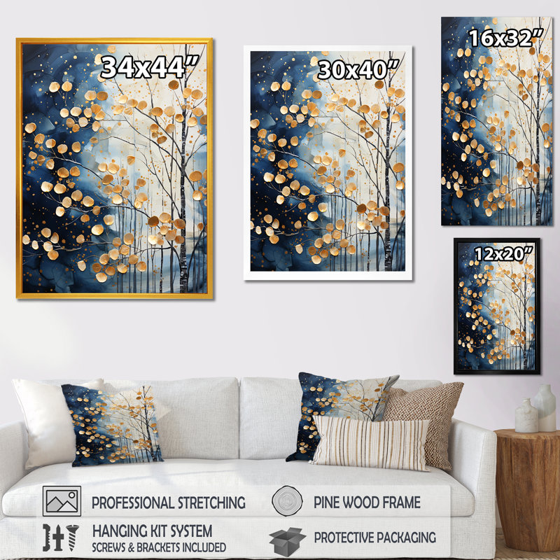 Or et érable bleu, forêt d'hiver I - arbre érable, art mural, Cadre simple noir, H 40 po x l 30 po x P 1,5 po