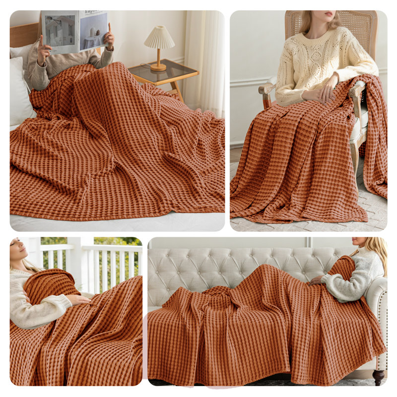 Jeté doux et léger en coton et viscose de bambou tissé gaufré toutes saisons, Orange brûlé, Grand lit